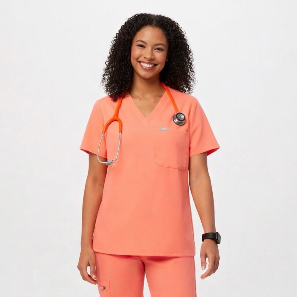 Figs Catarina One Pocket Scrub Top Orange Medical Nurse Doctor Womens Medium
